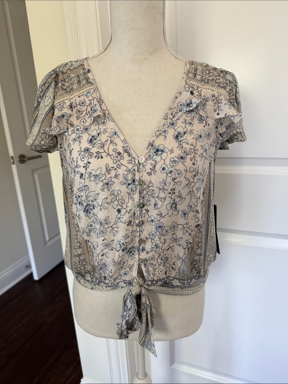 lovestitch Beige Floral Tie-Front V-Neck Blouse with Blue Print
